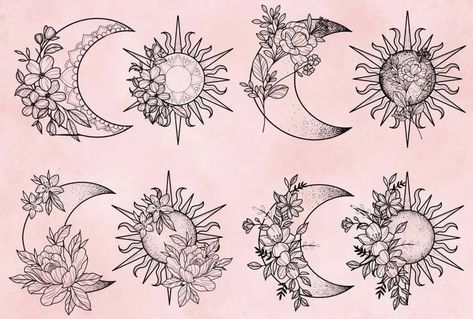 Floral Best Friend Tattoos, Sun And Moon Chest Tattoo, Astrological Tattoos, Tattoo Designs Watercolor, Tattoo Designs Floral, Tattoo Designs Black And White, Quote Tattoo Designs, Enchanted Tattoo, Tattoo Designs Mandala