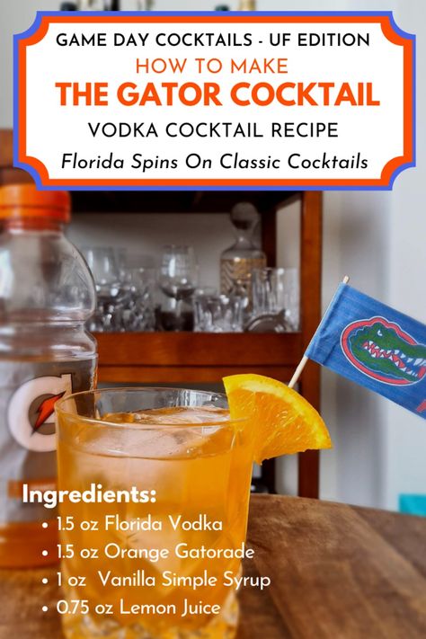 For all UF fans out there The Gator cocktail is essentially an adult creamsicle. Mixing Florida Vodka, Orange Gatorade (invented by UF), homemade vanilla simple syrup and Lemon Juice, make this your game day cocktail for cheering on the Gators. We use local Coast Vodka from Kozuba & Sons or E11even Vodka from Toast distilling company. Help support local and enjoy The Gator Cocktail! Go Gators! #gators #uf #vodkacocktail #coastvodka #kozuba&sons #e11even #cocktailrecipe #vodka #florida Gatorade Mixed Drink, Gatorade Cocktail, Florida Cocktails, Game Day Cocktails, Orange Gatorade, Vanilla Simple Syrup, Drink Night, Vodka Orange, Orange Vodka