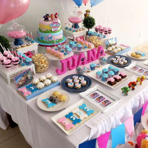 Feasting with Paw Patrol | CatchMyParty.com Paw Patrol Party Food, Bone Cookies, Girl Paw Patrol Party, Skye Birthday Party, Skye Paw Patrol Party, Paw Patrol Birthday Party Ideas, Paw Patrol Party Ideas, Birthday Paw Patrol, Paw Party