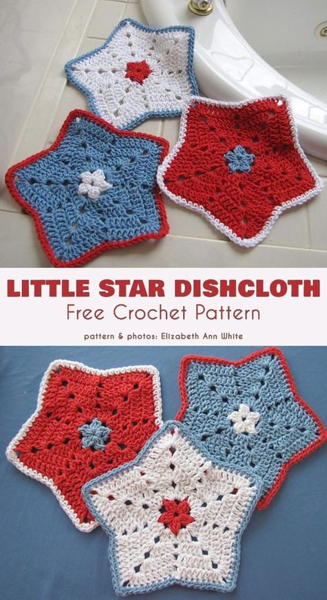 Little Star Dishcloth Free Crochet Pattern This little star-shaped cloths are great for both the kitchen or for the bathroom. They are super easy to make, and you can work them up in minutes flat in just about any color combination you care to think of. Crochet Star Coaster, Crochet Dish Cloth Free Pattern, Crochet Pot Holders Free Pattern, Crochet Potholder Patterns, Crochet Scrubbies, Crochet Hot Pads, Crochet Star, Dishcloth Crochet Pattern, Crochet Washcloth