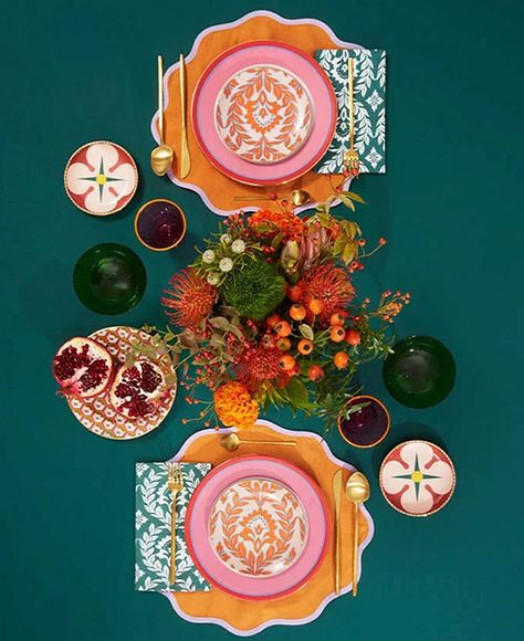 Shop By | La DoubleJ Colorful Tablescapes, Dining Room Table Settings, Indian Table, Pink Desserts, Dinner Party Table, Mini Plate, Filigree Pattern, Stylish Tables, Rainbow Glass