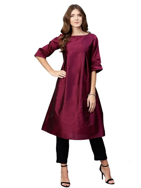 Wine Art Silk Solid Kurti - inddus-us Kurtis Indian, Silk Kurti Designs, Indian Tops, Stylish Kurtis, Silk Kurti, A Line Kurta, Utsav Fashion, Designer Kurtis, Ladies Gown