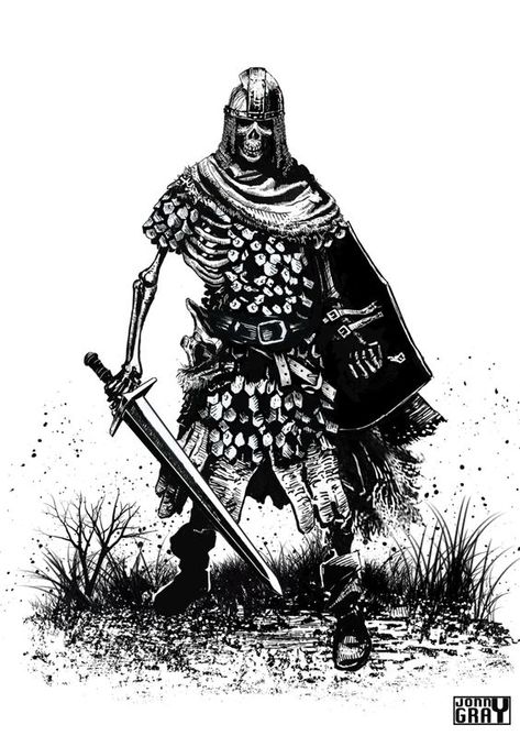 "Skeleton Warrior" Artist Jonny Gray Medieval Knight Tattoo, Undead Knight, Classic Fantasy, Skeleton Warrior, Classic Rpg, Black Metal Art, Dungeons And Dragons Art, Art Noir, Raven Art