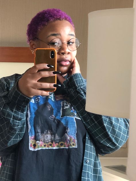 Purple hair black girl Sza Seattle plaid black nails plus size Purple Dyed Hair Black Women, Nails Short Purple, Orange Black Hair, Big Chop Inspiration, Short Hair Plus Size, Plum Purple Hair, Queer Haircut, Black Nails Short, Short Purple Hair