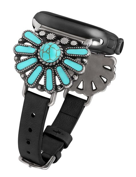 PRICES MAY VARY. Boho Chic & Western Design: This Western band compatible with Apple watch band offers unique look with well-crafted Western famine design. The turquoise stone and its surrounding drop design form the shape of a sunflower, symbolizing sunshine, happiness and hope. It's like a love letter to your wrist, with multiple romantic elements that will have you getting tons of compliments. Premium Material: Leather band compatible with Apple watch band is consisting of genuine leather, tu Western Turquoise Jewelry, Turquoise Watch Band, Apple Watch Band Women, Apple Watch Bands Women, Classy Watch, Western Vintage, Apple Watch Accessories, Apple Watch Models, Drop Design