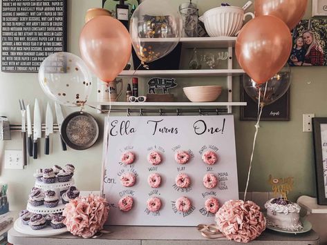 Donut grow up! A donut themed first birthday party is easy to decorate and a fun way to celebrate a one year old girls birthday party. #1stbirthday #donutbirthday #doughnutbirthday Donut One Year Old Party, Doughnut Board, Donut Ideas, Doughnut Party, Two Layer Cakes, Themed 1st Birthday, Themed First Birthday, Birthday Donuts, Purple Candy