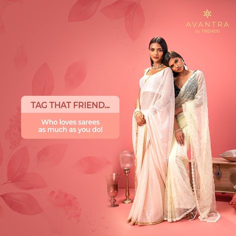 There is nothing to NOT love about this alluring soft net saree with all over thread and embroidery, adorned with pearl beads. Tag that friend in the comments who would love to wear this with you! #avantrabytrends #avantra #saree #sareelove #ethnicwear #sareestudio #traditionalwear #sareetales #wedding #elegance Saree Social Media Post, Saree Creative Ads, Saree Creative, Saree Brands, Ads Poster, Social Media Branding Design, Media Branding, Mens Fashion Classic, Fashion Creative