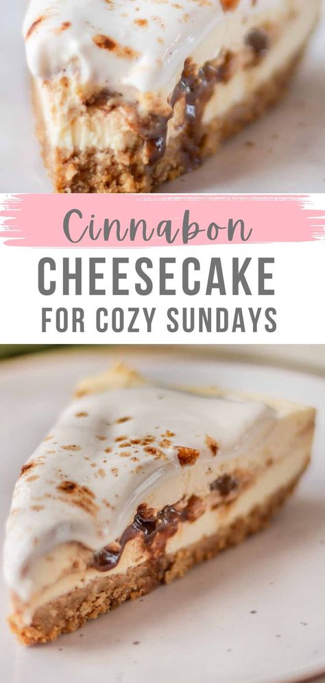 This Cinnabon cinnamon roll cheesecake is super creamy – baked without a waterbath and has the perfect smooth top (no cracks!). Buttery graham cracker base, Greek Yogurt cream cheese filling, and a cinnamon swirl in the middle that you don’t want to skip. Give it a try No Bake Cinnamon Roll Cheesecake, Cinnamon Swirl Cheesecake, Greek Yogurt Cream Cheese, Yogurt Cream Cheese, Slice Of Cheesecake, Yogurt Cheesecake, Roll Cheesecake, American Cheesecake, Cinnamon Cheesecake