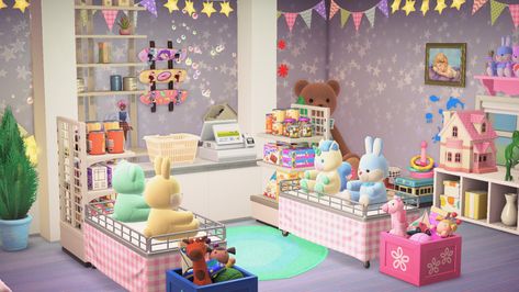 Acnh Playroom Ideas, Acnh Hhp Kidcore, Animal Crossing Toy Shop, Acnh Toy Store, Acnh Toy Shop, Kidcore Bedroom, Toys Market, Farm Games, Stitch Toy