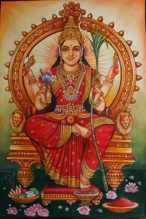 Lalita Devi - i.e. the Divine Mother, in the form of her power, Shakti. Lalita is the Goddess of bliss, an epithet for Shiva's wife Goddess Parvati. Nava Durga, Aadi Shakti, Shakti Goddess, Durga Images, Kali Goddess, Hinduism Art, Goddess Artwork, Tanjore Painting, Divine Mother