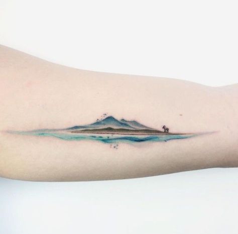 Mountain Tattoo Color, Color Line Tattoo, Mountain Ocean Tattoo, View Tattoo, Watercolor Mountains Tattoo, Northern Lights Tattoo, Travel Tattoo Ideas, Snow Tattoo, River Tattoo