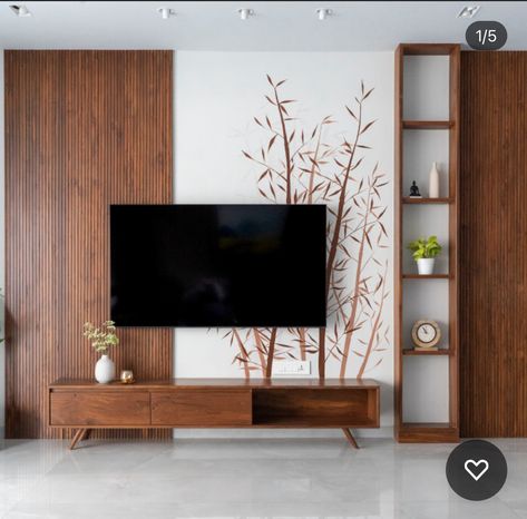 Tv Wall Niche, Tv Pannel Designs Latest, Accent Tv Walls In Living Room, Traditional Tv Unit, Tv Unit Indian, Wooden Tv Unit Design, Fluted Panel Wall, Indian Style Living Room, Hall Room Design