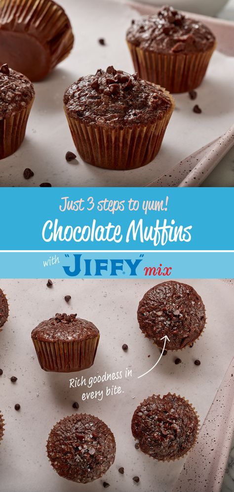 Whether you bake them for a breakfast on the go, an after-school snack or a sweet dessert, Chocolate Muffins made with “JIFFY” Fudge Brownie Mix are a beloved treat the whole family will enjoy. Jiffy Brownie Mix Recipes, Chocolate Chip Muffin Mix, Muffin Mix Recipe, Jiffy Mix Recipes, Jiffy Recipes, Chocolate Muffins Recipe, Brownie Mix Recipes, Breakfast Cakes, Jiffy Mix