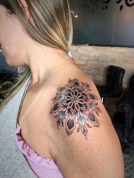 Mandala Shoulder Tattoo Mandala And Flower Shoulder Tattoo, Mandala Tattoo Shoulder Cap, Women’s Front Neck Tattoo, Mandela Shoulder Tattoo, Lotus Mandala Tattoo Shoulder, Medallion Tattoos For Women, Mandala Tattoo Design Women Shoulder, Shoulder Mandala Tattoos For Women, Shoulder Cap Tattoos For Women Feminine