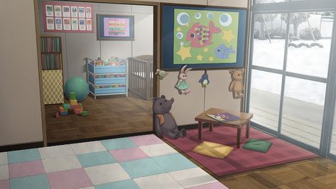 Anime Kindergarden Background Anime Playground Background, Daycare Background, Anime Kindergarten, Kindergarten Background, Daycare Playground, Drawing Backgrounds, Anime Landscape, Classroom Background, Gakuen Babysitters