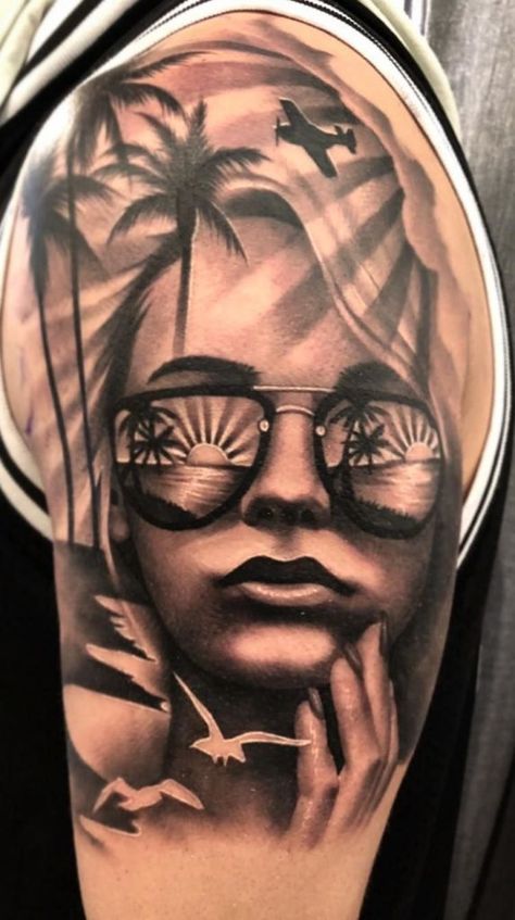 Niece Tattoo, Beach Tattoo Ideas, Chicano Tattoos Sleeve, Sunset Tattoos, Girl Face Tattoo, Chicano Style Tattoo, Chicano Tattoos, Palm Tree Tattoo, Sand And Sea