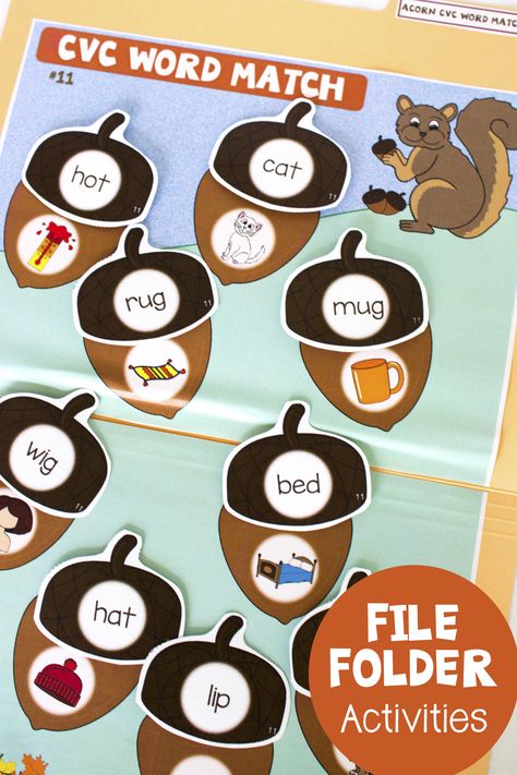 Fall Themed File Folder Activities! - Make Take & Teach Thanksgiving File Folder Games, File Folder Activities Free Printables, File Folder Games Free, Cvc Word Games, Folder Activities, Vowel Activities, Cvc Word Activities, File Folder Activities, Cvc Word