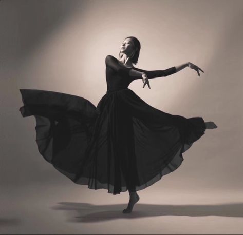 Woman Dancing In Dress, Black Flowy Dress Aesthetic, Black Ballet Dress, Flowy Dress Aesthetic, Black Dance Dresses, Contemporary Dance Dress, Flowy Black Dress, Quince Photoshoot Ideas, Black Flowy Dress