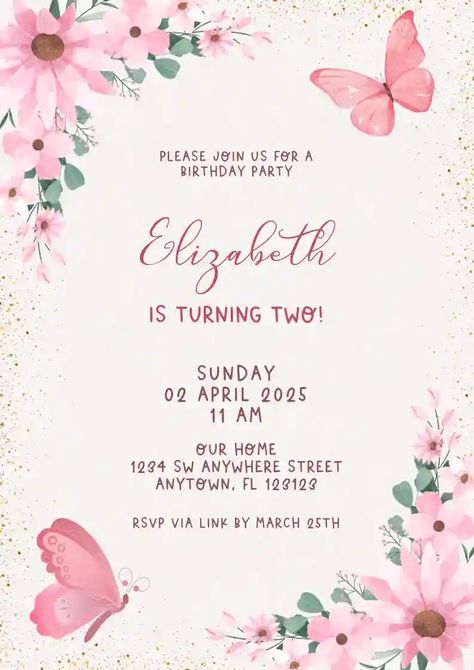 Free Invitation Maker, Kids Birthday Invitation, Online Invitation, Flower And Butterfly, Invitation Maker, Tea Party Theme, Pastel Balloons, Kids Party Themes, Create Invitations