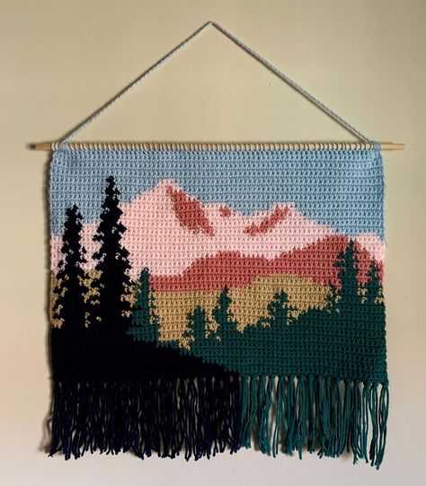 biggest tapestry I’ve made so far ⛰️ #crochet #crochettapestry #tapestrycrochet #crochetlandscape #fiberart Crochet Tapestry Landscape, Crochet Tapestry Room Decor, National Park Crochet, Large Crochet Tapestry, Crochet Camping Ideas, Tapestry Crochet Ideas, Landscape Crochet, Crochet Wall Tapestry, Crochet Mountain