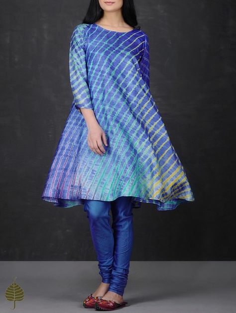 Blue-Green Leheriya Asymmetrical Hem Tussar Silk Kurta by Jaypore Leheriya Kurti Designs Latest, Tussar Silk Kurta, Frock Models, Straight Cut Dress, Ikkat Dresses, Dress Patterns Diy, Kurtas For Women, Latest Dress Design, Frock For Women