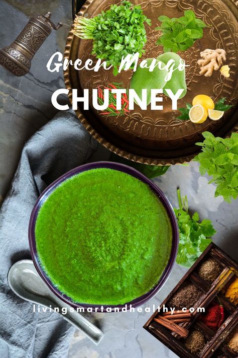 The Green Mango Chutney, known as “Kairi Ki Chutney”, is a condiment or chutney that is made with raw mango, cilantro, mint, green chilies, and ginger. Raw mango is slightly tangy and imparts amazing flavor and freshness to this chutney. This chutney can be served with appetizers, spread on a sandwich, drizzle some over wraps, or have it with some flatbread. This recipe is vegan and gluten-free. Green Mango Chutney, Cilantro Chutney, Green Mango, Mango Chutney, Raw Mango, Condiment Recipes, Best Vegetarian Recipes, Mango Recipes, Green Chili