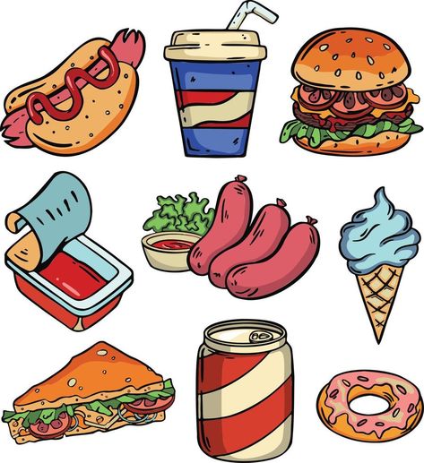 Icon set of fast food. Meal catering, unhealthy eating, junk food. Food concept. For topics like delivery, meal, cafe. Fats Food Pictures, Unhealthy Food Cartoon, Unhealthy Food Drawing, Fast Food Pictures, Junk Food Drawing, Food Animation, Eating Junk Food, Prek Ideas, Healthy And Unhealthy Food