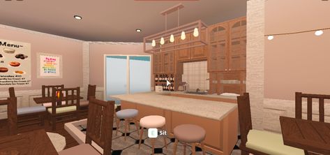 Bloxburg Snack Bar, Bloxburg Bar, Welcome To Bloxburg, Blocksburg Room Ideas￼, Breakfast Snacks, Snack Bar, Loft Bed, Breakfast Bar, Conference Room Table