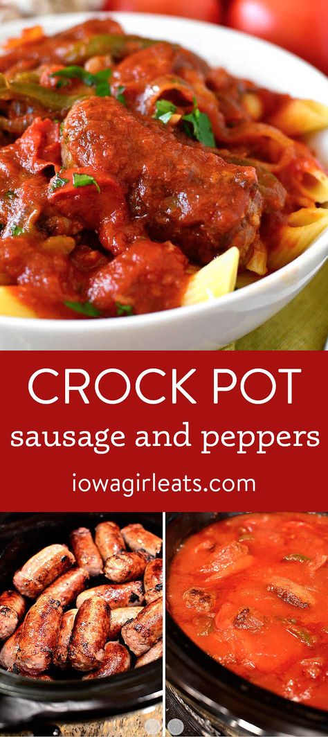 Crock Pot Sausage and Peppers are perfect for game day, a cozy supper at home, or any night you're craving an Italian feast! | iowagirleats.com Crock Pot Sausage Pasta, Crock Pot Sausage And Peppers, Bunco Christmas, Sausage And Peppers Crockpot, Crockpot Italian Sausage, Crock Pot Sausage, Sausage Crockpot, Italian Feast, Paleo Pork