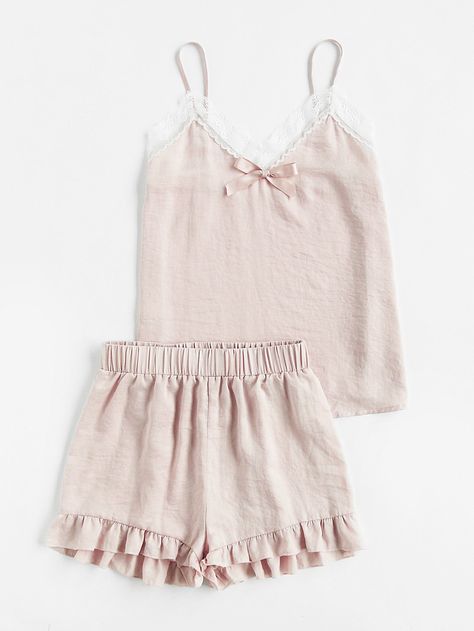 Shop Lace Trim Bow Detail Cami And Ruffle Shorts Pajama Set online. SheIn offers Lace Trim Bow Detail Cami And Ruffle Shorts Pajama Set & more to fit your fashionable needs. Pj Party Outfit, Pink Pjs, Pajamas Aesthetic, Summer Sleepwear, Shorts Pajama Set, Pajama Fashion, Casual Preppy Outfits, Cami Set, Cute Comfy Outfits