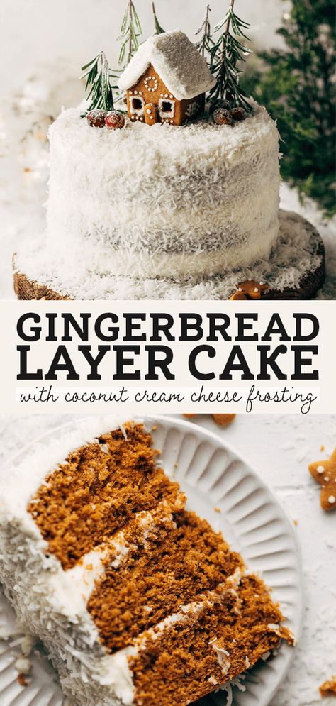 This soft gingerbread cake is covered in coconut cream cheese frosting and topped with a mini gingerbread house! Gingerbread and coconut isn't your typical flavor combination, but the two pair together perfectly to create the most beautiful Christmas cake! #gingerbread #gingerbreadcake #christmascake #christmas #butternutbakery | butternutbakeryblog.com Gingerbread Cake With Cinnamon Frosting, Christmas Gingerbread Desserts, Coconut Christmas Cake, Gingerbread Decorated Cake, Christmas Coconut Cake, Christmas Cake Desserts, Fun Cake Flavors, Cake Recipes For Christmas, Christmas Cake Flavors