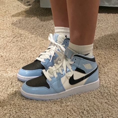 Jordan 1 Mid Ice Blue Outfit, Air Jordan 1 Ice Blue Outfit, Jordan 1 Ice Blue Outfit, Pink And Blue Jordans, Ice Blue Jordans Outfit, Sporty Light Blue Jordan Shoes For Streetwear, Ice Blue Air Jordans, Ice Blue Jordans, Blue Jordans Aesthetic