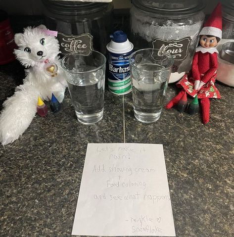 Cheeky Elf Ideas 2023 | I always like to do an experiment of some sort with the elf and this year I found rain in a glass | Facebook Elf On The Shelf Ideas Shaving Cream, Elf On The Shelf Shaving Cream, Elf Ideas, Make It Rain, Shaving Cream, Shelf Ideas, On The Shelf, The Elf, Food Coloring