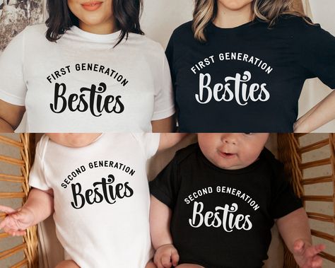 Best Friend T-shirts matching for moms and Best Friends matching bodysuits for babies!  Are you and your bestie expecting the second generation besties, this is the perfect t-shirts for you!  A cute babyshower gift idea or just a fun purchase with your best friend! These are perfect for a good instagram moment or your photo album!  Please note: the shirts and body suits are sold individually.  None of the products are sold as sets.  More bodysuits colors are available here:  https://www.etsy.com Future Besties Onesie, Best Friends Onesies, Besties Pregnant Together, Best Friend Baby Announcement, Pregnant Best Friends Pictures, Bestie Onesies, Best Friends Pregnant Together, Baby Announcement To Best Friend, Friends Pregnant Together