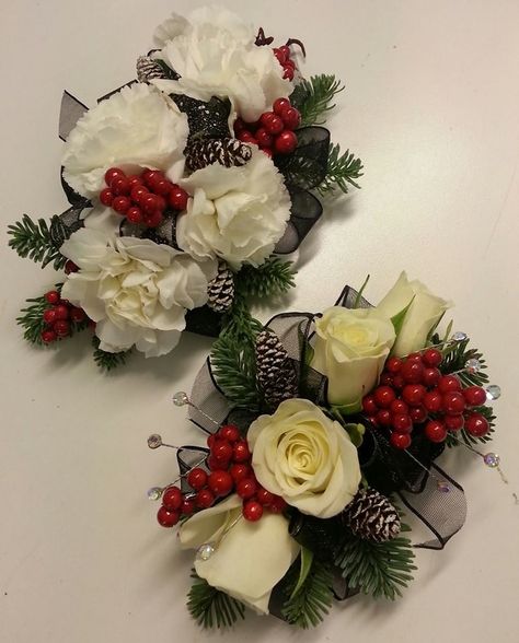 More winter corsages and boutonniere Penny's Florist Shop Designs 1311 W. Main Street Greenfield, IN Wedding Coursage, Corsage Wedding Mother, Christmas Wedding Flowers, Christmas Wedding Themes, Wedding Corsages, Valentine Centerpieces, Wedding Corsage, Corsage And Boutonniere, Corsage Prom