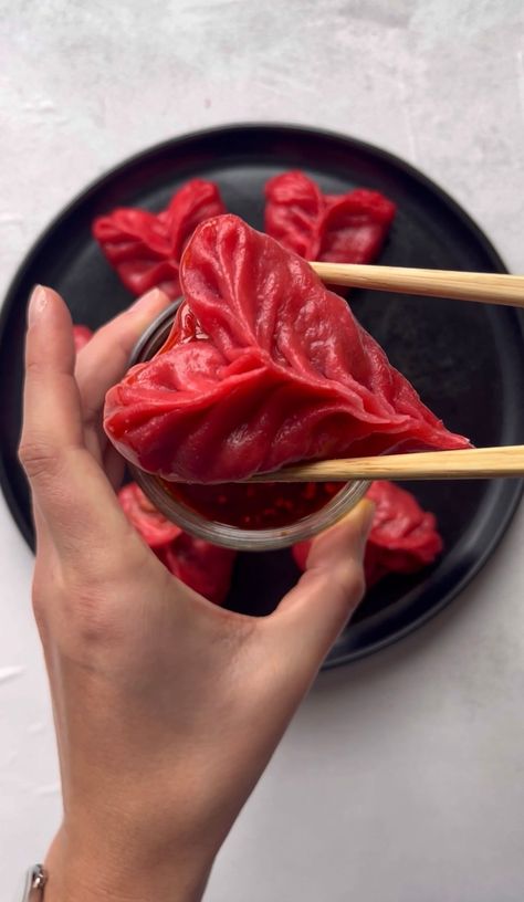 Heart Shape Dumplings, Heart Shaped Dumplings, Diy Valentines Food, Heart Dumplings, Halloween Dumplings, Gothic Food Ideas, Vampire Food Ideas, Red And Black Food, Heart Shaped Recipes