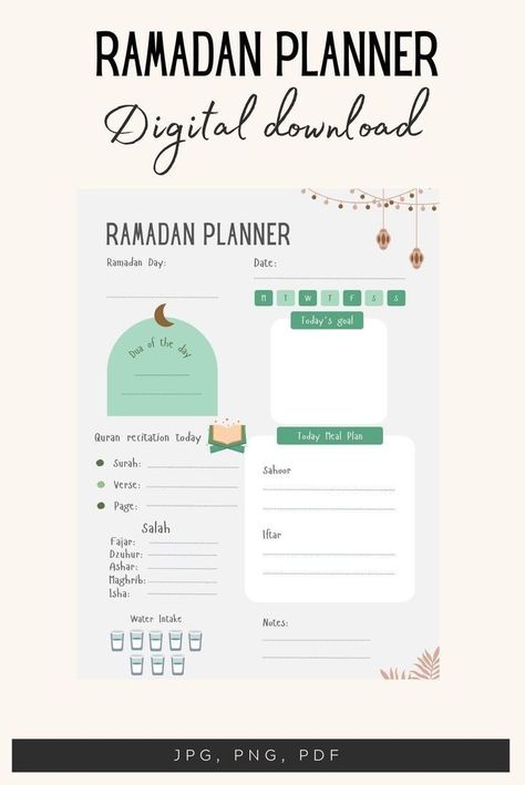 Ramadan Planner / Ramazan | Printable Planner by  Gertrude Bray Ramadan Tracker Printable, Ramadan Journal Free Printable, Ramadan Planner Free Printable, Ramadan Planner Ideas, Ramadan Daily Planner, Ramadan Planer, Ramadan Tracker, Prayer Tracker, Eid Gift Bags