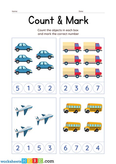 Count the Transports and Mark the Correct Number PDF Worksheet For Kindergarten - WorksheetsHere.com Counting Transportation Worksheet, Number Sequence Worksheet, Rote Counting, Worksheet For Kindergarten, Number Sequence, The Teacher, Kindergarten Worksheets, Classroom Activities, Kindergarten