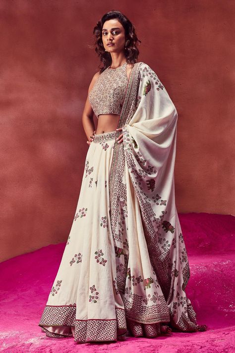 Buy Punit Balana Ivory Tussar Silk Hand Block Print Lehenga Set Online | Aza Fashions Block Print Lehenga Indian, Block Printing Lehenga, Block Print Lehenga, Ivory Lehenga, Punit Balana, Print Lehenga, Printed Dupatta, Wedding Lehenga, Wave Print