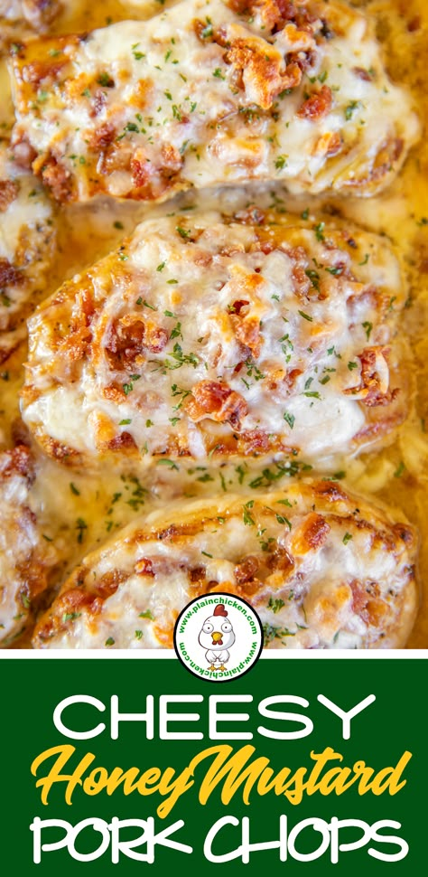 Cheesy Pork Chops, Honey Mustard Salmon Recipes, Honey Mustard Pork Chops, Pepper Bacon, Mustard Pork Chops, Mustard Chicken Recipes, Homemade Honey Mustard, Pork Chop Recipes Baked, Plain Chicken