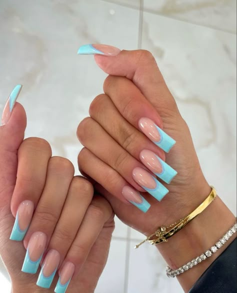 Cyan French Tip Nails, Blue Nail Inspo Square, Colored French Tip Acrylic Nails, Long Square Summer Nails, Teal French Tip Nails, French Tip Nails Colorful, Square Acrylic Nails Summer, Summer Nails Long, Blue French Nails