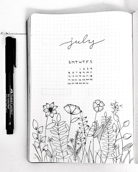 Journal Doodles Simple, Bullet Journal Flower Doodles, Bullet Journal Flowers, Bullet Journal Simple, Journal Monthly Cover, Simple Bullet Journal, July Bullet Journal, Bullet Journal Calendar, Doodles Simple