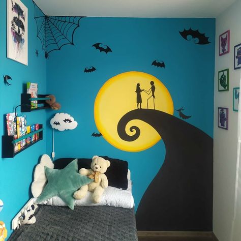 The nightmare before christmas wall painting for my little son diy Jack And Sally Room Ideas, Nightmare Before Christmas Wall Painting, Nightmare Before Christmas Mural, Nightmare Before Christmas Bedroom Ideas, Nightmare Before Christmas Room Ideas, Anime Wall Painting, Nightmare Before Christmas Nursery, Nightmare Before Christmas Room, Nightmare Before Christmas Bedroom