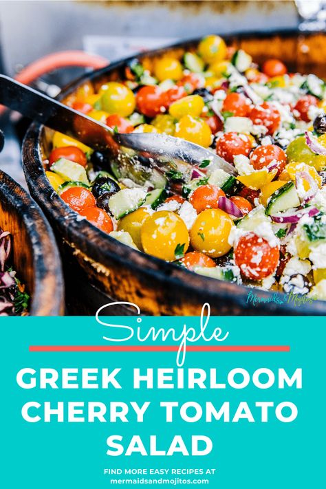 Simple Greek Heirloom Cherry Tomato Salad Tropical Party Food Appetizers, Flamingo Themed Party Food, Tropical Party Diy, Tiki Bar Appetizers, Tiki Food Ideas, Beach Party Food Ideas For Adults, Tropical Appetizers For Party, Party Theme Food Ideas, Meat Sides