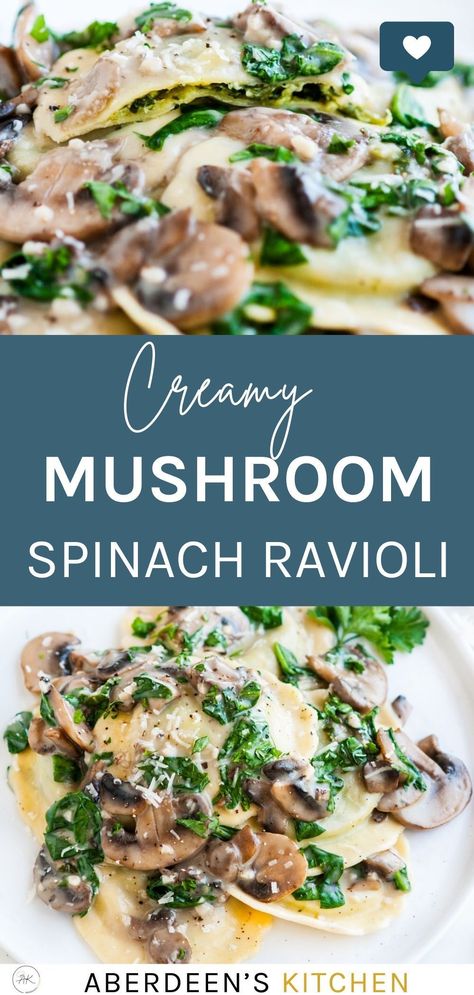 Looking for a date-night worthy pasta recipe? Make these Creamy White Wine Mushroom Spinach Ravioli - Mushrooms and fresh spinach, along with ricotta and three cheese + spinach stuffed ravioli makes for a filling, yet lighter than all-that- meal perfect for any cold fall evening. Spinach Stuffed Ravioli, Dinner With Mushrooms, Cheesy Ravioli, Stuffed Ravioli, Spinach And Cheese Ravioli, Spinach And Ricotta Ravioli, Meals Instant Pot, Spinach Ravioli, Mushroom Ravioli