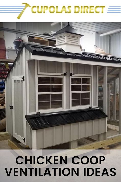 chicken coop that demonstrates proper ventilation Chicken Coop Cupola, Chicken Coop Ventilation Ideas, Chicken Coop Fan, Chicken Coop Ventilation, Coop Ventilation, Small Chicken Coop, Small Chicken Coops, Chicken Coup, Laying Hens