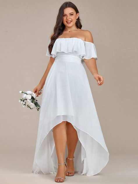 EVER-PRETTY Plus Off Shoulder Ruffle Trim High Low Hem Chiffon Wedding Dress | SHEIN USA Off The Shoulder Bridesmaid Dress, High Low Bridesmaid Dresses, Chiffon Wedding Dress, Instagram Model, Model Beauty, Party Guests, Home Wedding, Buy Dress, White Collar