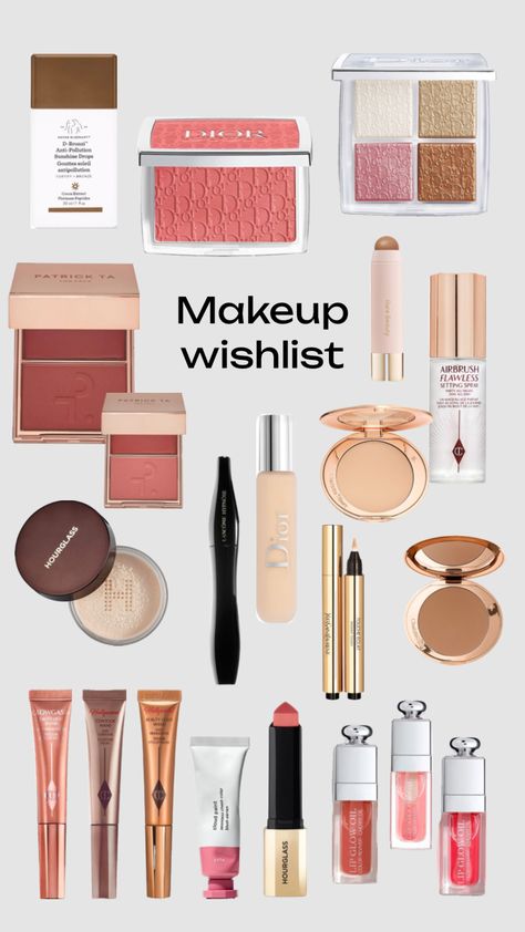 Makeup wishlist #beauty #makeup #makeup guide #lancomemascara #rare beauty bronzer #dior #diorblush #diorpalette #diorfacepalette #dior lip oil #diorgloss #dior lip gloss #hourglass cosmetics #charlottetillbury Rare Beauty Bronzer, Dior Lip Gloss, Dior Lip Oil, Charlotte Tillbury, Lancome Mascara, Dior Blush, Dior Lip, Makeup Wishlist, Hourglass Cosmetics