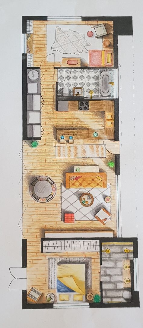 Interior Design Sketches Floor Plans, Colored Floor Plan Architecture, Hand Rendered Floor Plan, Rendered Floor Plan Color Pencils, Fur Sketch, Rendered Floor Plan Hand, Rendered Floor Plan Alcohol Markers, Floor Plan Rendered Markers, Floor Plan Rendering Markers Interior Design