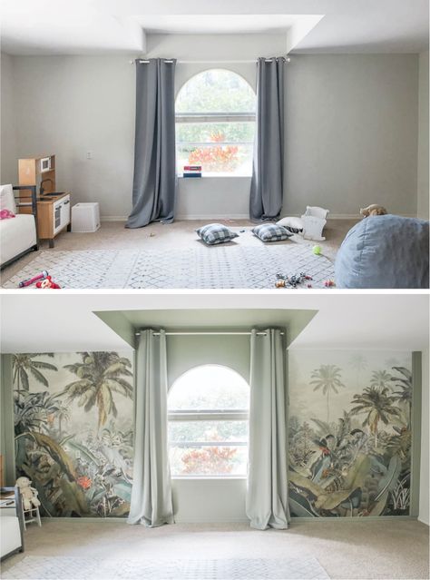 Playroom Sage Green, Jungle Playroom Ideas, Sage Green Playroom, Sage Playroom, Nature Daycare, Green Playroom, Mural House, Tropical Mural, Sage Curtains